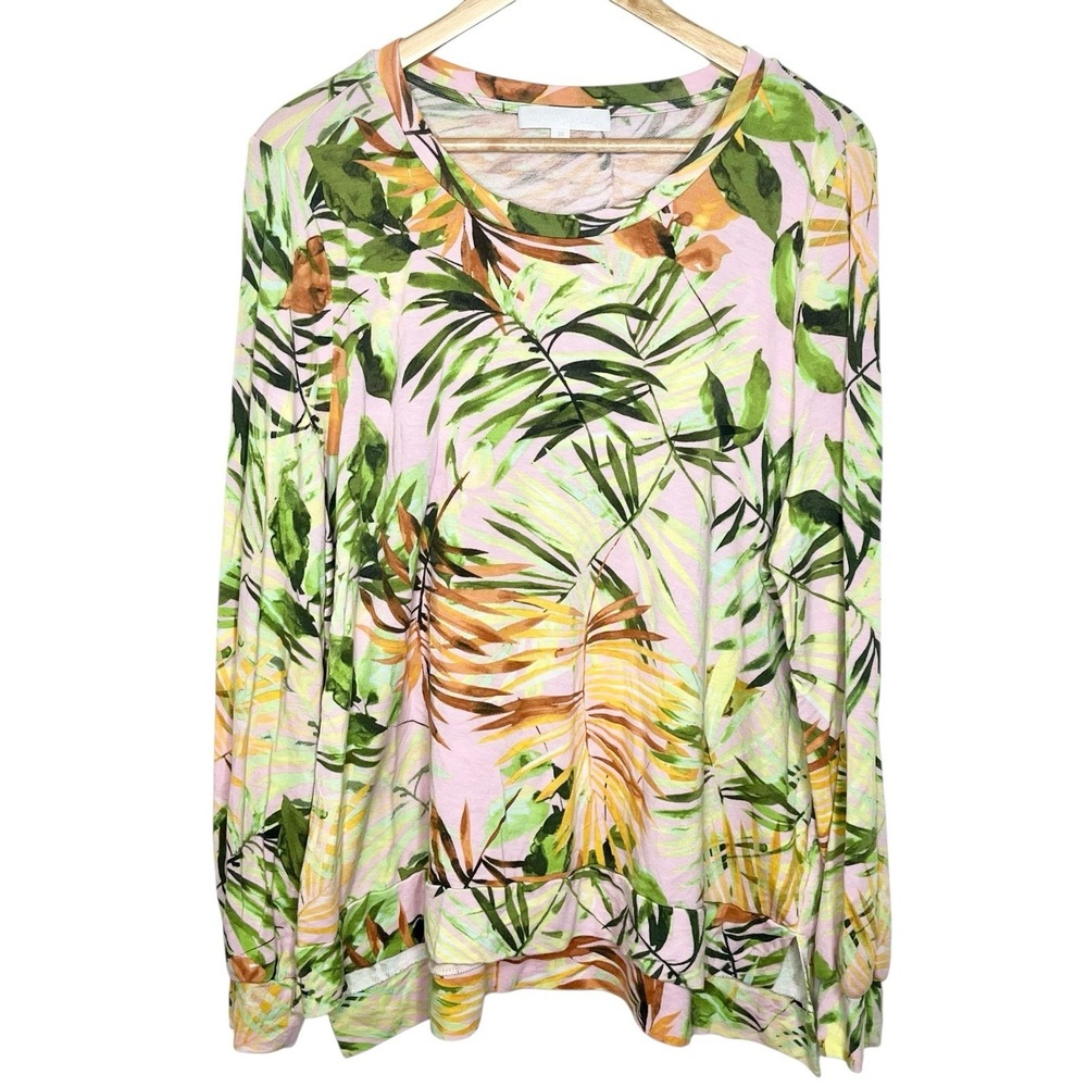 Adyson Parker Leaf Print Knit Top Womens Size 3X Long Sleeve Tropical